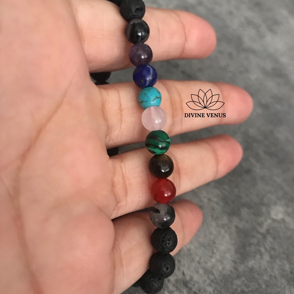 7 Chakra Stretch Bracelet Gemstones & Lava Rocks - Picture 2 of 8